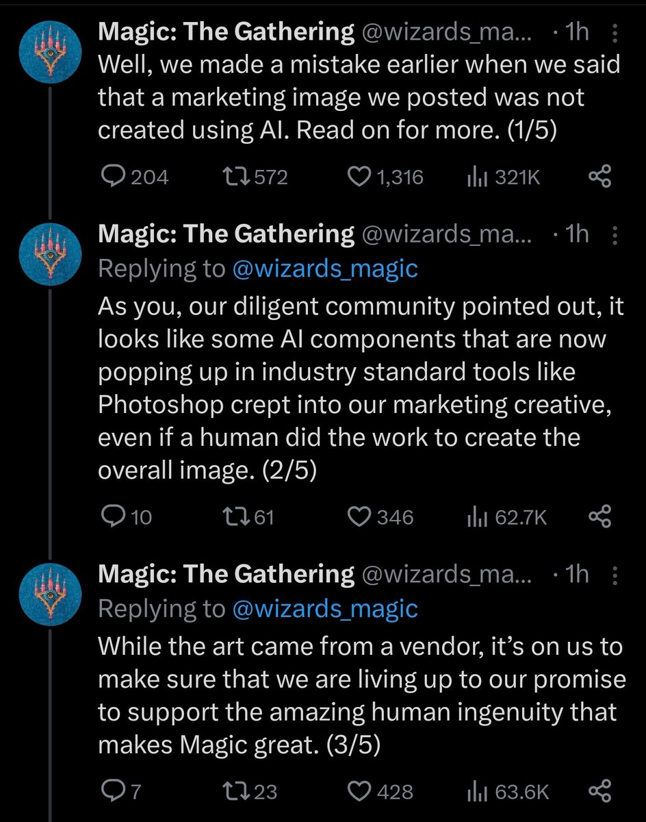 Rahll's tweet photo. Wizards of the Coast acknowledging they were wrong about their marketing material being AI generated, and talking about increasing their standards and scrutiny when working with outside vendors. It's nice to see them being honest and open about it, very much a win in my opinion. https://t.co/EsxH6HQByi