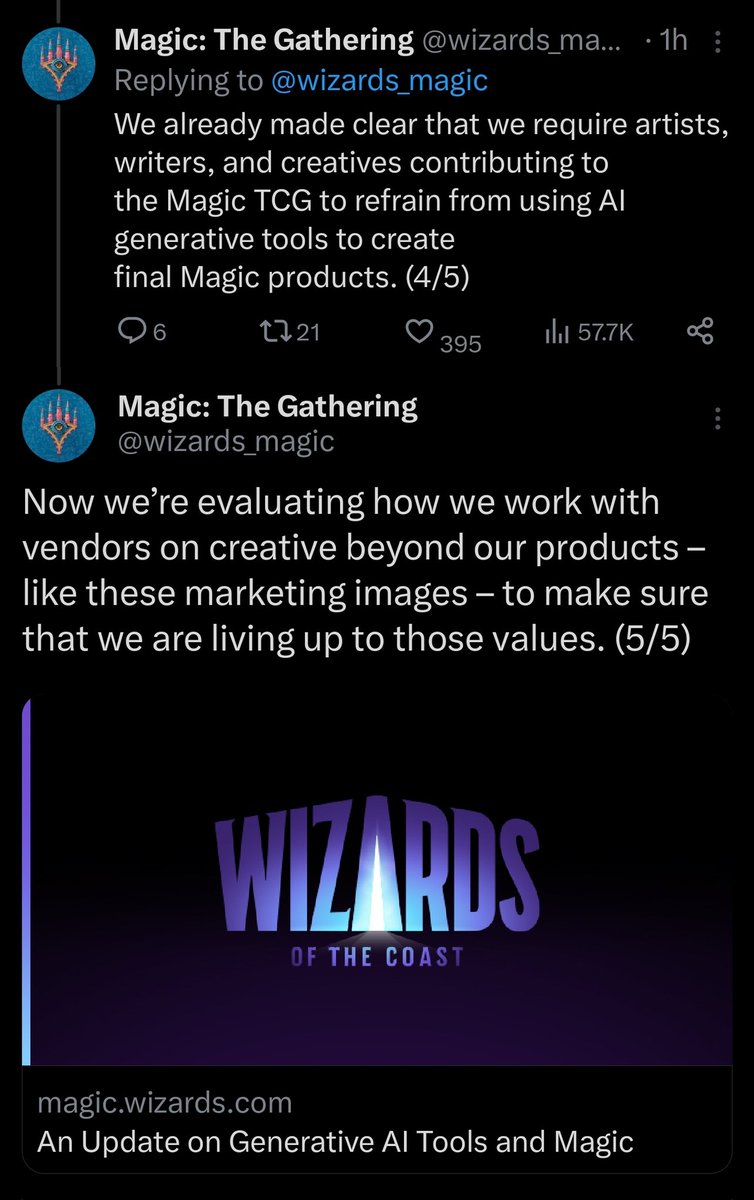 Rahll's tweet photo. Wizards of the Coast acknowledging they were wrong about their marketing material being AI generated, and talking about increasing their standards and scrutiny when working with outside vendors. It's nice to see them being honest and open about it, very much a win in my opinion. https://t.co/EsxH6HQByi
