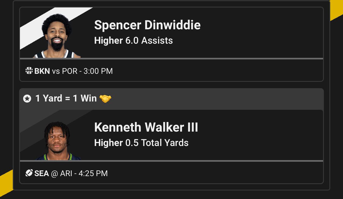 RyanPlusEV's tweet photo. 🚨Underdog Promo🚨

1️⃣ Kenneth Walker III over 0.5 total yards 🔒 
2️⃣ Spencer Dinwiddie o6.0 assists 🎯 

Books have Dinwiddie at 6.5, some even favoring the over, clear value. https://t.co/6Yg4UpkHAe