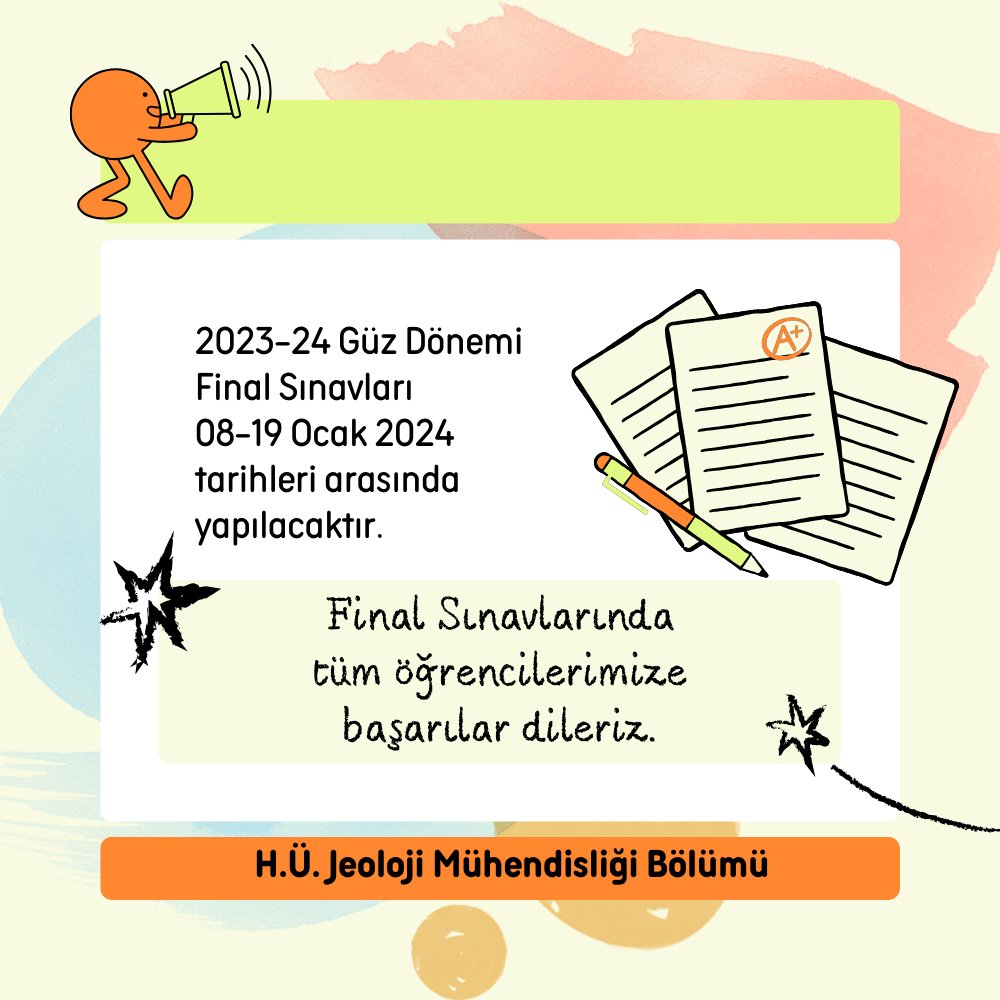 Final sınavlarında tüm öğrencilerimize başarılar dileriz. Güncellenmiş final sınavları programına aşağıdaki bağlantıdan ulaşabilirsiniz. jeomuh.hacettepe.edu.tr/2024_duyuru/g%…