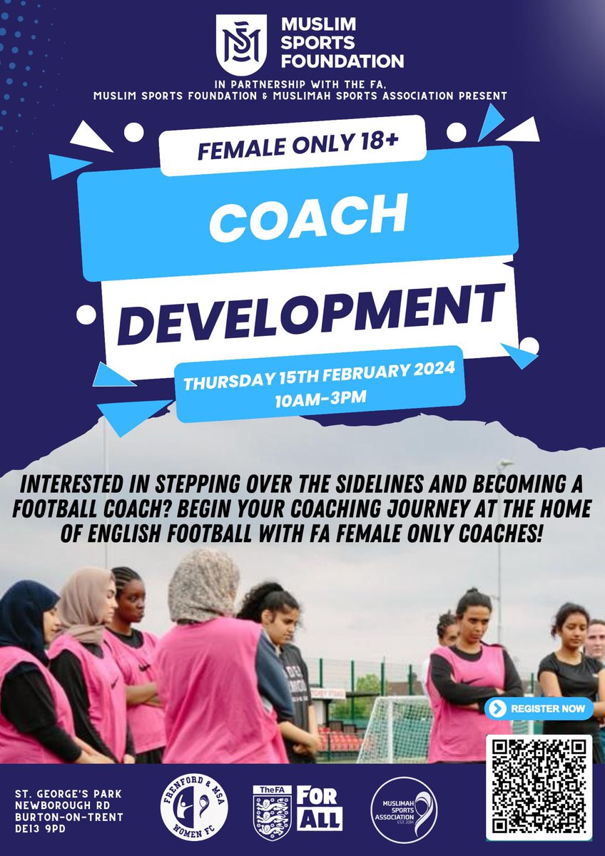 Muslimah Sports Association (MSA) (@muslimahasso) on Twitter photo Join us on the 15 Feb for the biggest #Female #coaching event of the year <a href="/stgeorgepark_/">St George's Park</a>
Sign up by scanning the QR Code below
#football #womeninfootball Join us on the 15 Feb for the biggest #Female #coaching event of the year <a href="/stgeorgepark_/">St George's Park</a>
Sign up by scanning the QR Code below
#football #womeninfootball