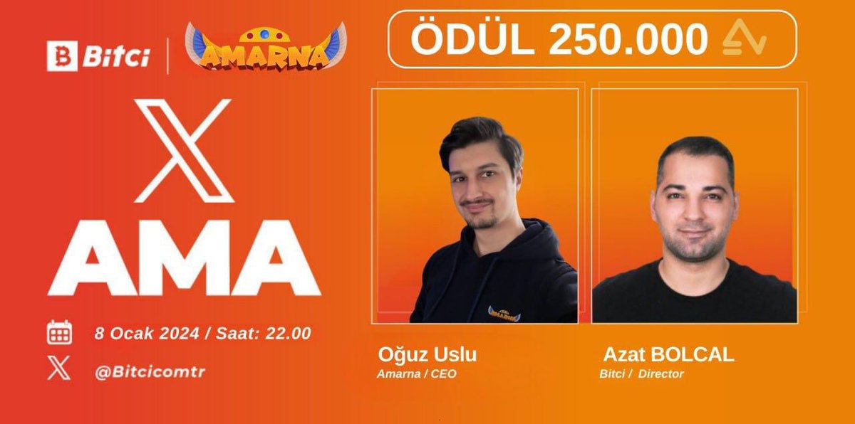Sevgili Bitci Topluluğu,

Sorularınızı yanıtlamak ve sizlerle özel bir etkinlikte bulunmak için heyecanla hazırlanıyoruz! Yarın, hepinizi aramızda görmek için sabırsızlanıyoruz. Ayrıca, sürpriz bir çekilişle karşınızdayız! Marketing paydamızdan toplamda 5 kişiye 250.000 $AMAR