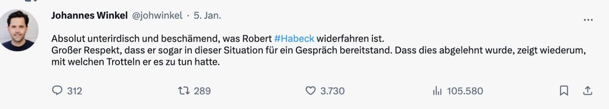 reitschuster's tweet photo. JU-Chef Winkel beschimpft Bauern als „Trottel“ und feiert #Habeck als Helden.
Mit so einer (Jungen) #Union braucht man keine „Linke“ mehr im Land ;-)))
So bitter, wie die Union auch nach Merkel weiter den Steigbügelhalter für Rot-Grün-Woke macht und sich damit selbst erniedrigt, statt Opposition zu betreiben.
PS: Der Anschlag auf Chrupalla schien für den JU-Chef anders als die Proteste gegen Habeck übrigens kein Anlass zu öffentlicher Empörung zu sein.