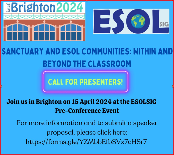iatefl_esol_sig's tweet photo. Are you interested in presenting online or face-to-face at our PCE in #Brighton2024? If this is the case, apply now: https://t.co/C5GwaafWXT
#ESOLSIG #IATEFL2024 #ESOLSIGEVENT #SanctuaryAndESOLCommunities https://t.co/xru68sKHIn