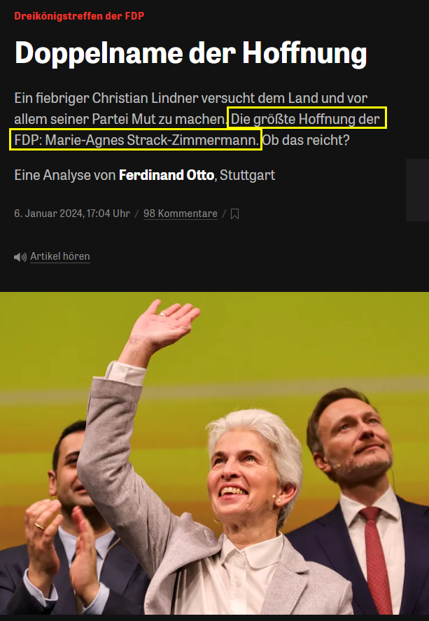 quickstephan's tweet photo. ZEIT und SZ haben "analysiert" und halten die möchtegern Grüne Strack-Zimmermann für die Hoffnung und Rettung der FDP. Sowas kann man sich echt nicht ausdenken😆. #3K24 #FDP #Dreikoenig #allesausserunentschieden https://t.co/1WKARyi5j7