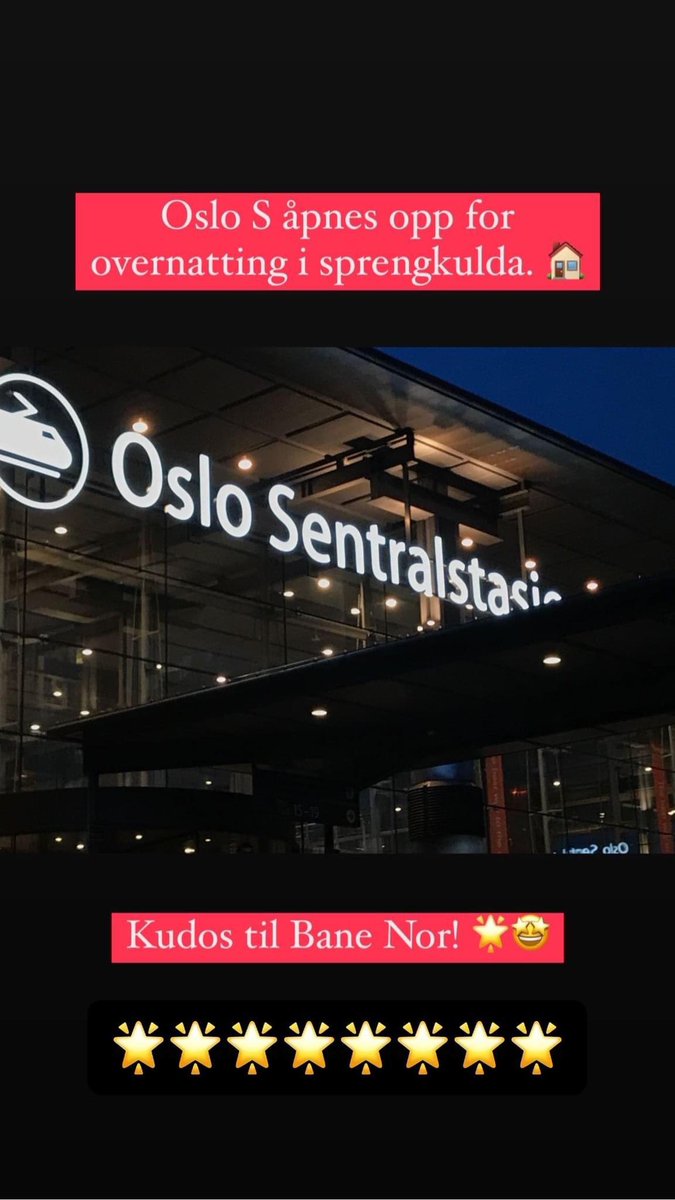 CMoksness's tweet photo. Kudos til @BaneNORSF! 
Forbilledlig at de har åpnet Oslo S for overnatting for de som ikke har tak over hodet. Kulda rammer utsatte og sårbare grupper hardt. Dette er samfunnsansvar i praksis. Alle har rett til tak over hodet. #oppholdskommuneprinsippet 
#rettforalle https://t.co/UBMnwzFZox