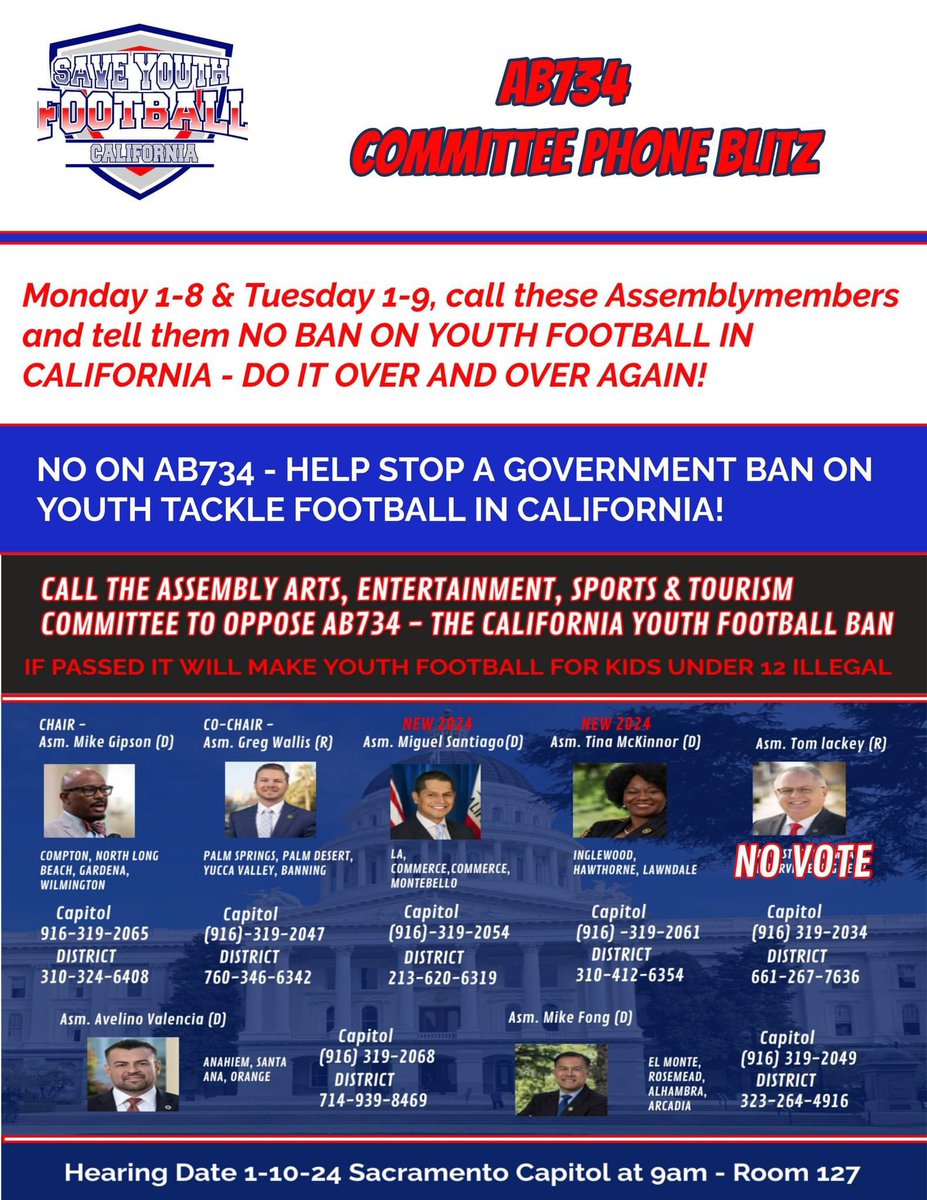 SAVE YOUTH 🏈 - California (@saveyouthfbca) on Twitter photo STOP A GOVERNMENT BAN ON YOUTH 🏈 IN CALIFORNIA!
This is just the first sport they are going after. The flood gates will open and this Government overeach will never end! #NOonAB734
<a href="/cayfalliance/">California Youth Football Alliance</a> <a href="/AYF/">American Youth FB</a> <a href="/Pop_Warner/">Official Pop Warner</a> <a href="/AauFootball/">AAU Football</a>
<a href="/Youth_Football/">YouthFootballOnline</a> <a href="/HSFBamerica/">High School Football America</a>
<a href="/kcranews/">kcranews</a> STOP A GOVERNMENT BAN ON YOUTH 🏈 IN CALIFORNIA!
This is just the first sport they are going after. The flood gates will open and this Government overeach will never end! #NOonAB734
<a href="/cayfalliance/">California Youth Football Alliance</a> <a href="/AYF/">American Youth FB</a> <a href="/Pop_Warner/">Official Pop Warner</a> <a href="/AauFootball/">AAU Football</a>
<a href="/Youth_Football/">YouthFootballOnline</a> <a href="/HSFBamerica/">High School Football America</a>
<a href="/kcranews/">kcranews</a>