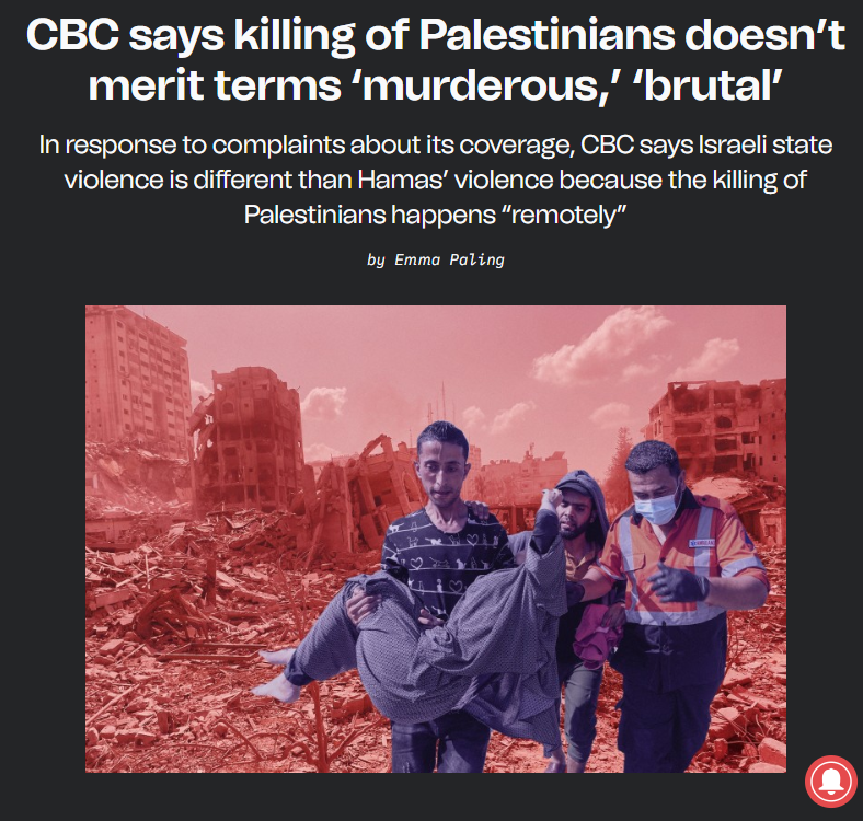 Eyaaaad's tweet photo. رغم استشهاد 23,000 فلسطيني معظمهم أطفال…

الإعلام الحكومي الكندي الرسمي عبر CBC: قتل الفلسطينيين لا يستحق أن يُطلق عليه "وحشي" أو "سفك للدماء" لأن الجيش الإسرائيلي يقتل الفلسطينيين عن بُعد بالصواريخ والقنابل وبالتالي هم لم يقصدوا ذلك. https://t.co/blsKpUSXvh