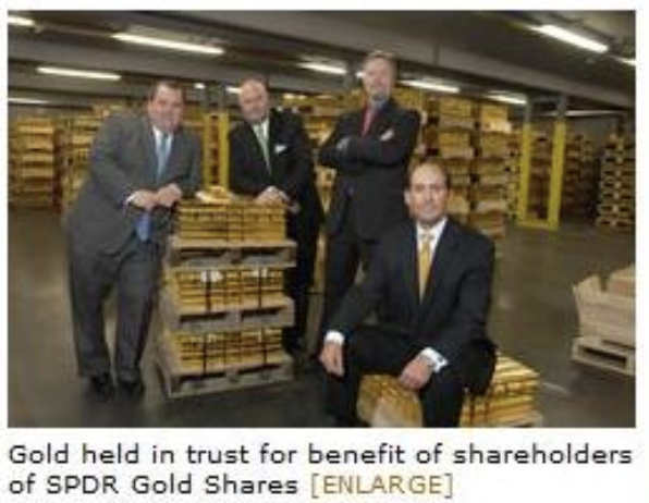 Here's pic from inside the London vault of the gold bars owned by GLD's shareholders. The folks in pic are SPDR (DR = depository receipts) ETF execs who back in day had to deal gold bugs claiming $GLD was a sham, nothing more than "paper gold"  Sound familiar? h/t <a href="/ETFhearsay/">ETF Hearsay by Henry Jim</a>