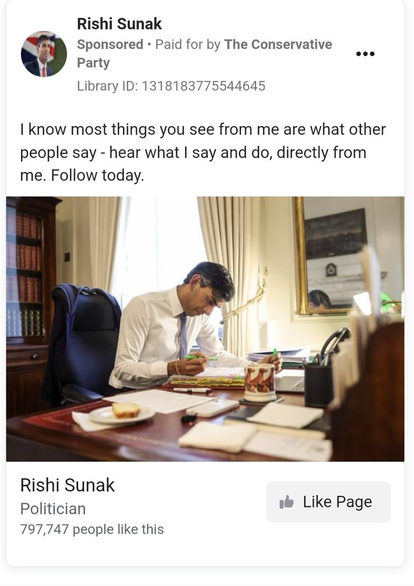 WhoTargetsMe's tweet photo. Rishi Sunak has now spent nearly Β£100,000 on two Facebook ads like this since December 29th. His Facebook page has grown to 833k likes. We think it's costing him a little more than Β£1 for each new page like. https://t.co/X8lzRs0DsS