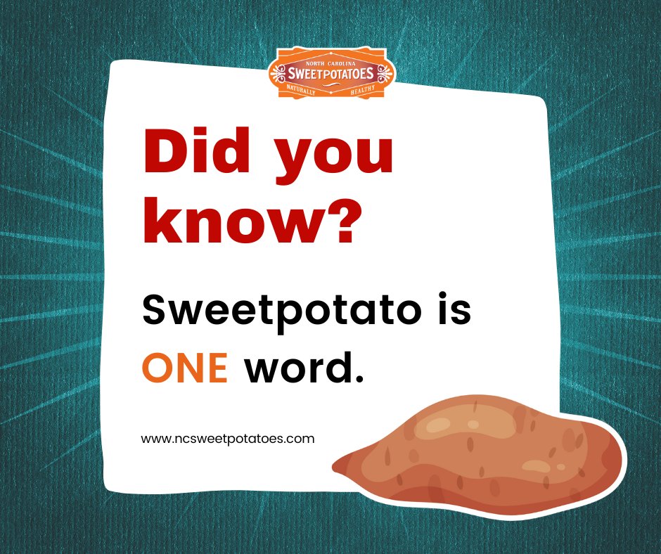 Sweetpotato is one word! The one-word spelling was officially adopted by the National Sweetpotato Collaborators in 1989. 🍠

Sign our petition today!

change.org/p/help-us-corr…

#ncsweetpotatoes #sweetpotatoes #oneword #spelling

@merriamwebster @dictionarycom @apstylebook