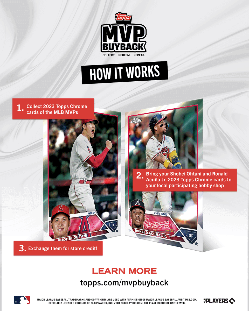 New year 🤝 New cards to rip Turn your cards to credit at your local hobby shop in just 3️⃣ simple steps! Find a participating shop near you ➡️ spr.ly/6015uFDW1. #ToppsMVPBuyback