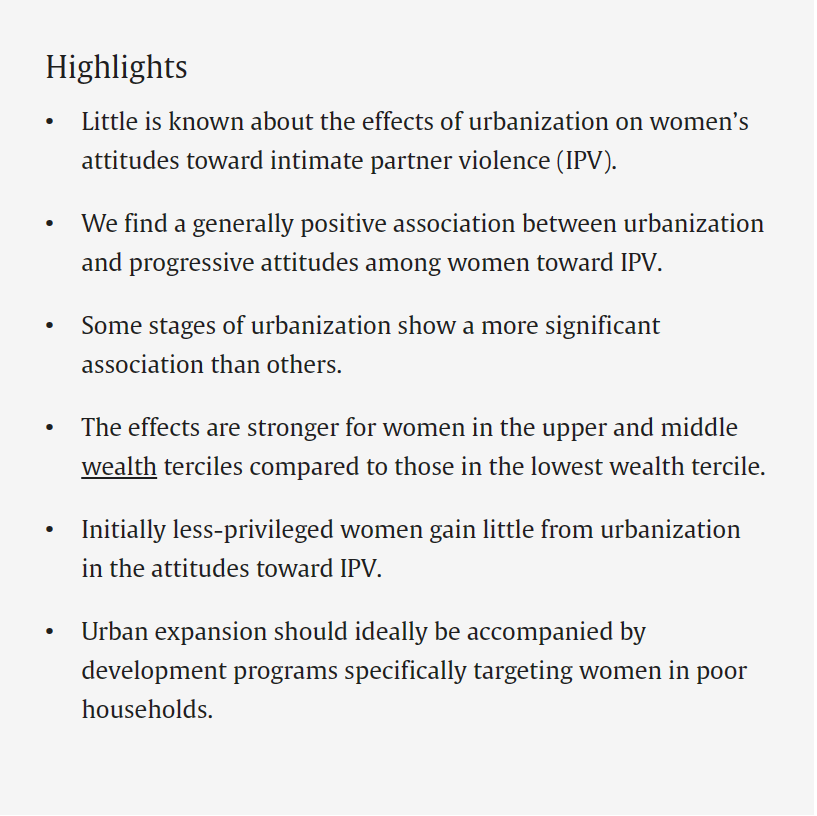 🆕🗞️finds a generally positive association between #urbanization and progressive attitudes among women toward intimate partner violence - leading to a decrease in its acceptance:

doi.org/10.1016/j.worl…
<a href="/CGIAR/">CGIAR</a> #FCMinitiative <a href="/IFPRI_Africa/">IFPRI_Africa</a> <a href="/A_Mulubrhan/">Mulubrhan Amare</a> <a href="/channingarndt/">Channing Arndt</a>