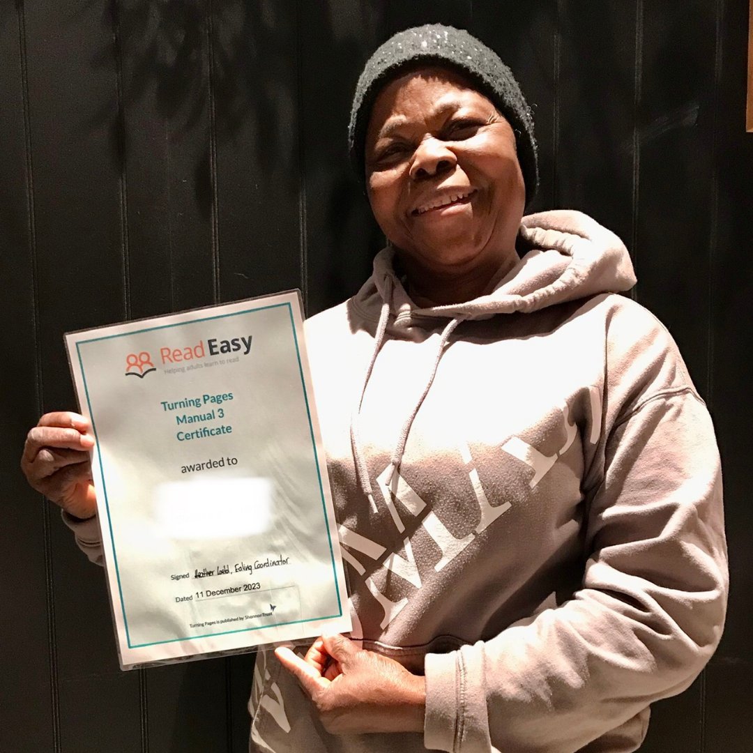 Read Easy Ealing (@readeasyealing) on Twitter photo Congratulations to one of our readers
who has recently completed Turning Pages Book 3!
Here she is receiving her certificate for her incredible
achievement📖 Well done to both reader and coach.
Do you know someone who wants to learn
to read? 📧ealingcoordinator@readeasy.org.uk Congratulations to one of our readers
who has recently completed Turning Pages Book 3!
Here she is receiving her certificate for her incredible
achievement📖 Well done to both reader and coach.
Do you know someone who wants to learn
to read? 📧ealingcoordinator@readeasy.org.uk