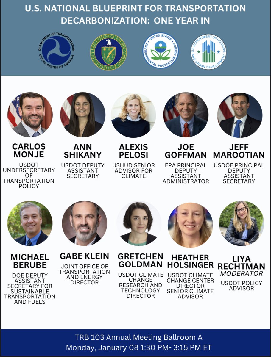 At #trbam24? Join us tomorrow for a key session on the US National Blueprint for Transportation Decarbonization: One Year In, featuring leaders from @USDOT, @ENERGY, @EPA, and @HUDgov #TRBAM