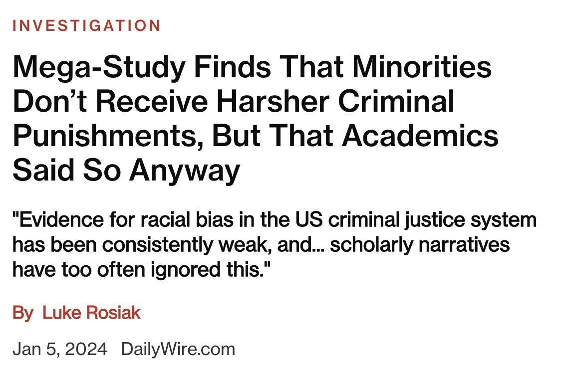 Indian_Bronson's tweet photo. "An analysis of twenty years of academic literature found that there is little or no evidence that minorities are mistreated by the criminal justice system when it comes to punishment, despite assertions to the contrary by policymakers, media, and academics." https://t.co/b66t5XcxG9