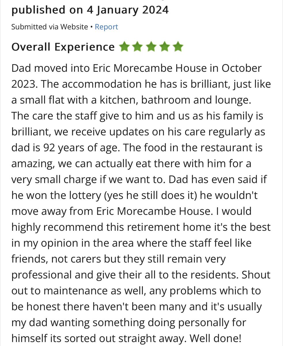 We absolutely love receiving reviews. Another amazing 5* review received this week  🌟🌟🌟🌟🌟 
@carehome_co_uk @AnchorLaterLife @Steve_Vessey @RachelDoddSmit2