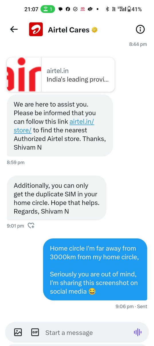 Thaakurshaanu's tweet photo. @Airtel_Presence To get duplicate sim I have to travel 3000km to home circle,

Perks of having airtel postpaid loyal customer,

Airtel doing scam by closing sim and ask user to get new sim or pay more money https://t.co/jTq3CpzsLV