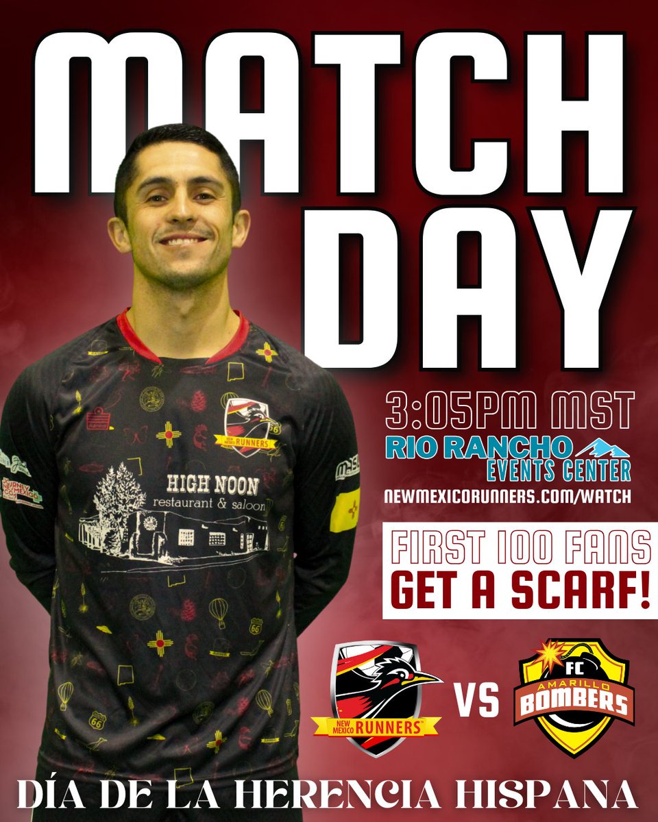 nmrunners's tweet photo. It's MATCH DAY Runners familia!!!! ⚽️ Today we host the Amarillo Bombers for our 2nd game of the season! Hoy es el Día de la Herencia Hispana! Doors open at 1:30 PM, First 100 fans get a free scarf! 🙌

#nmrunners #runasone #nmsoccer #arenasoccer #riorancho #abq #herenciahispana https://t.co/WhOyoa8zPa