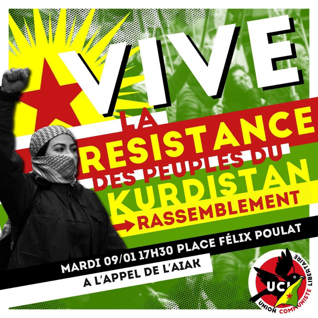 GrenobleUcl's tweet photo. 🔴⚪🟢☀️
VIVE LA RÉSISTANCE DES PEUPLES DU KURDISTAN !
Rassemblement en la mémoire des militant·es kurdes, assassiné·es le 9 janvier 2013 et le 23 décembre 2022.
🗓️ 09/01 à 17h30
📍place Félix Poulat
Exigeons vérité et justice pour Sakine Cansiz, Leyla Söylemez et Fidan Doğan ! https://t.co/Ic9DtlgYSp
