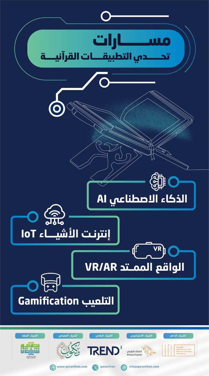 نستهدف في #تحدي_التطبيقات_القرآنية مشاركة المطورين في الذكاء الاصطناعي AI وإنترنت الأشياء IoT والواقع المعزز VR / AR والتلعيب Gamification لابتكار منصات رقمية تخدم القرآن الكريم.
للتسجيل:
qoranthon.com