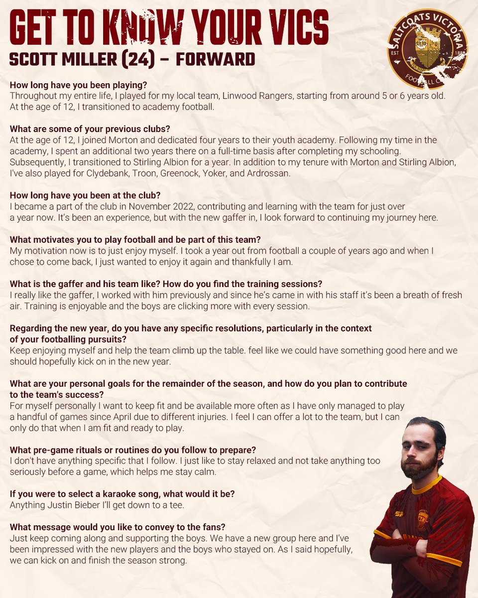 𝗚𝗘𝗧 𝗧𝗢 𝗞𝗡𝗢𝗪 𝗬𝗢𝗨𝗥 𝗩𝗜𝗖𝗦 | Scott Miller
As manager Stevie Wilson continues to rebuild the team, we want you to meet the new guys. This is our first of many 'Get to know your Vics'.