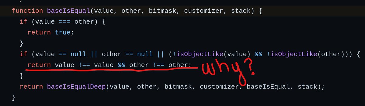 birnadin's tweet photo. JavaScript Quiz: do you know why? 

Day 4⃣ of #100DaysOfCode. Spent time in deep comparison in JavaScript. Fascinated by this property 🤯

You know why this is done to check if `value` and `other` is equal? https://t.co/GiPcAi0Ryy