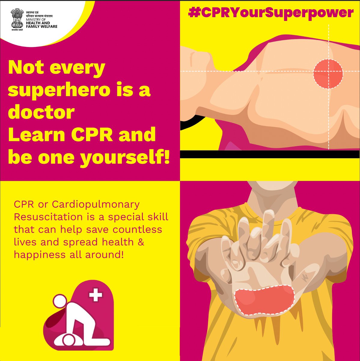 Every second counts during a cardiac arrest! If someone nearby is trained in CPR, they can be a lifesaver. 

Learn CPR – it's your superpower to save a life. 

 #CPRYourSuperpower #ChalYaarSeekheinCPR
