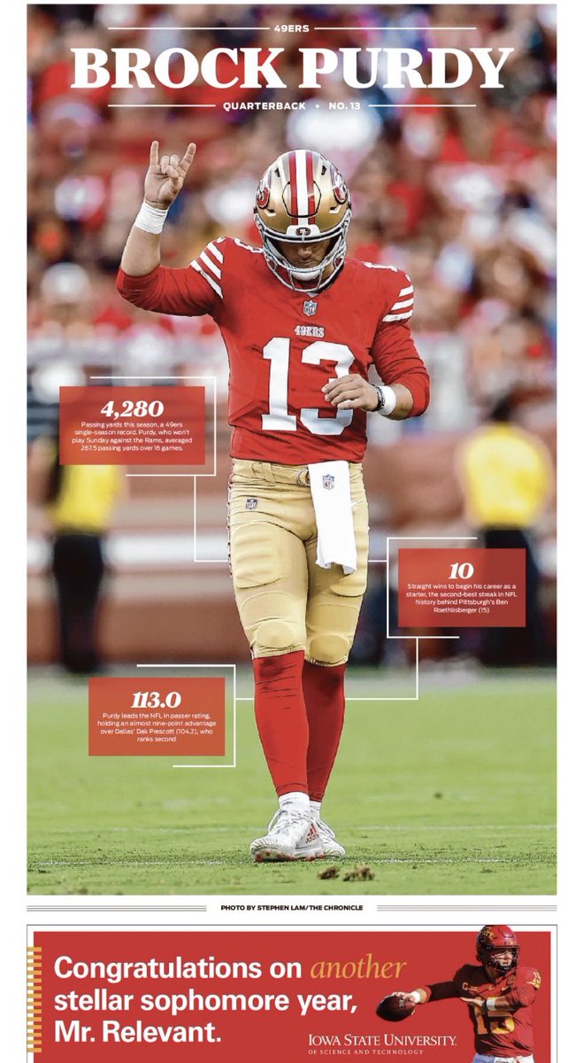 Iowa State took two full-page ads in the San Francisco Chronicle to celebrate Brock Purdy’s stellar season #49ers
