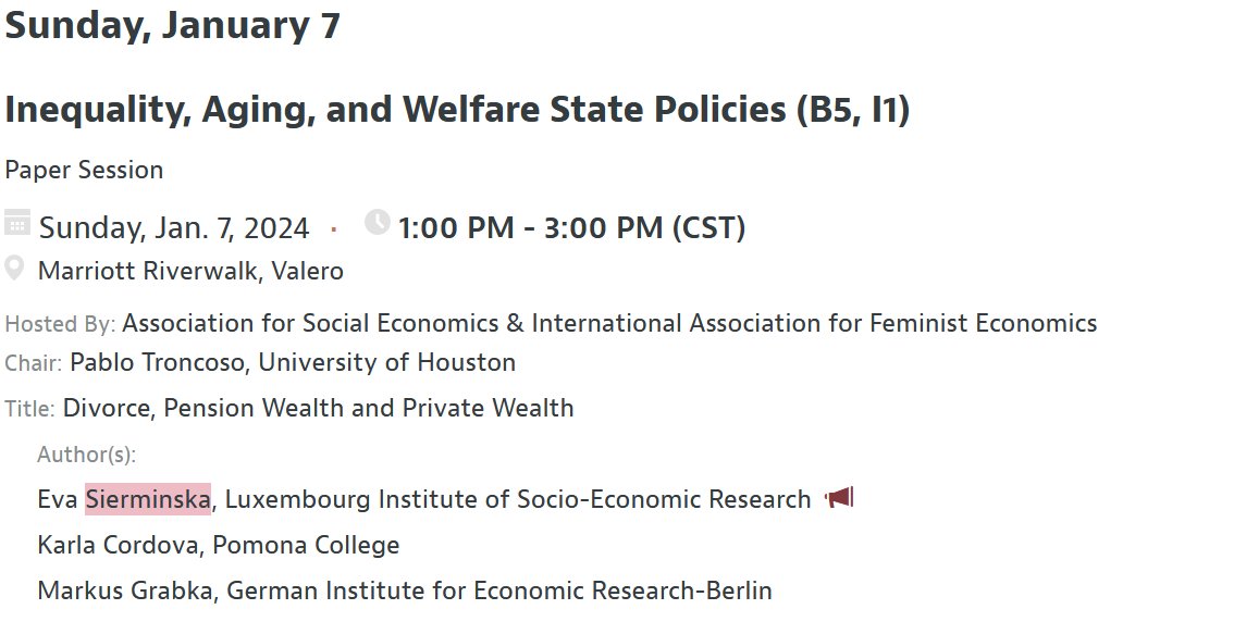 Our paper at #ASSA2024 on Divorce and Pension Wealth in a great session on Inequality, Aging, and Welfare State Policies join us at 1pm <a href="/LISER_LM/">LISER's Labour Market department</a> <a href="/LISERinLUX/">LISER</a>