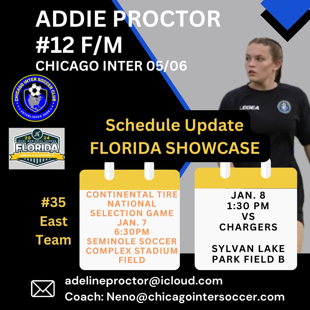 adeline_proctor's tweet photo. Schedule update for ECNL Florida 🌴.  The Continental Tire National Selection Game ⚽️ has been scheduled for Sunday at 6:30 pm at Seminole Stadium Field!  I will be #35 on the East team. See you there! @ECNLgirls  @chiINTER  @ImCollegeSoccer  @ImYouthSoccer @Inter05GBlue https://t.co/RPirgq0sFl