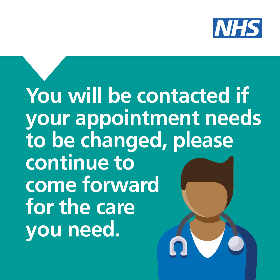Industrial action by junior doctors is continuing next week until 7am on 9 January.

The NHS will contact you if your appointment needs to be rescheduled during these times. If you have not been contacted, please attend your appointment as planned.