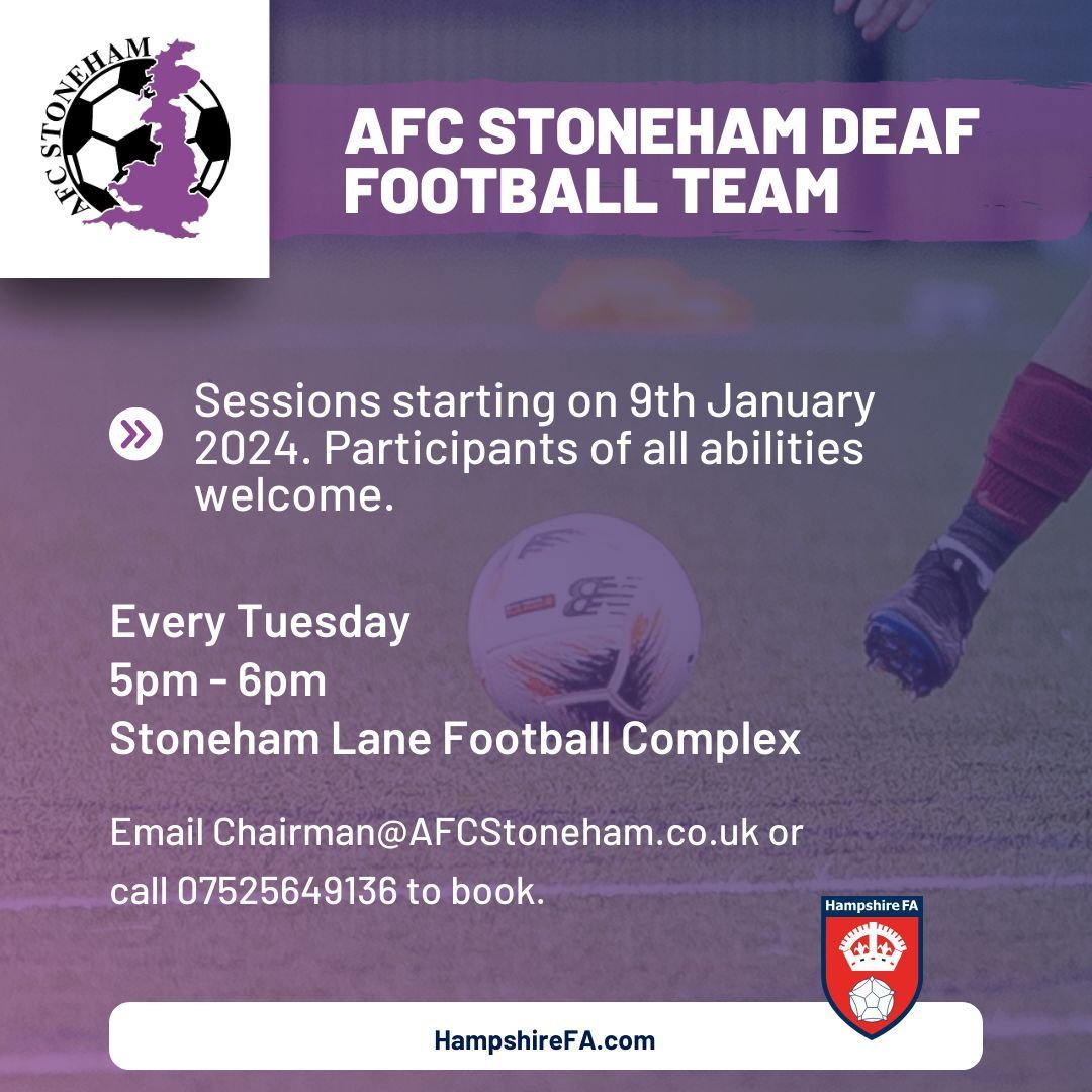 Looking to join a deaf football team, or know somebody who does? AFC Stoneham host weekly sessions, starting this Tuesday at 5pm, at Stoneham Lane Football Complex. Players of all abilities (over 18) are welcome 🏃‍♂️

👉 Email Chairman@AFCStoneham.co.uk or call 07525649136 to book