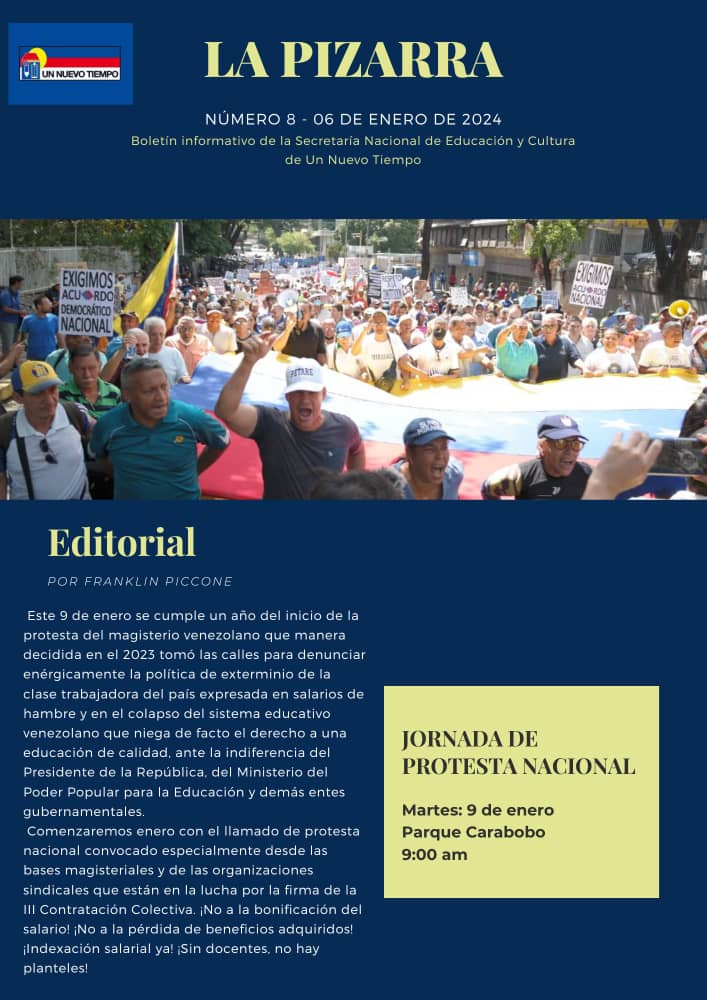 EducacionCD_unt's tweet photo. Comparto con ustedes nuestro boletín informativo de la Secretaría Nacional de Educación UNT. En este número, en la editorial, <<a un año de las protestas del magisterio venezolano>> y <<la ratificación de una Asamblea Nacional ajena a la realidad>>. https://t.co/H81DKKdREp