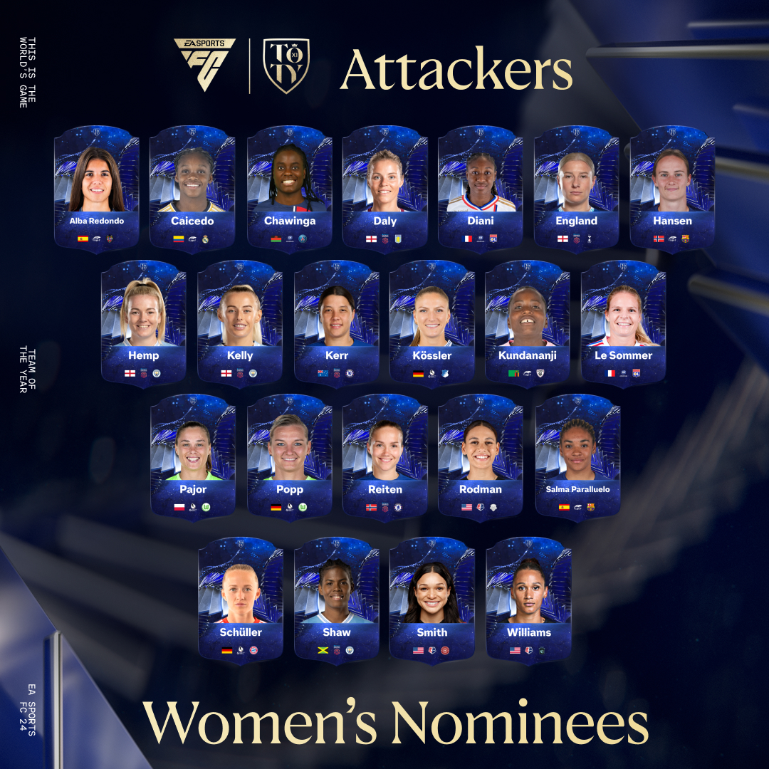 EASPORTSFC's tweet photo. Lighting up the world’s stage in 2023. Introducing the nominees for the first ever Women’s Team of the Year.
 
Choose The World’s Best on January 8: https://t.co/bMd01E3Wel https://t.co/92zfRhyYbG
