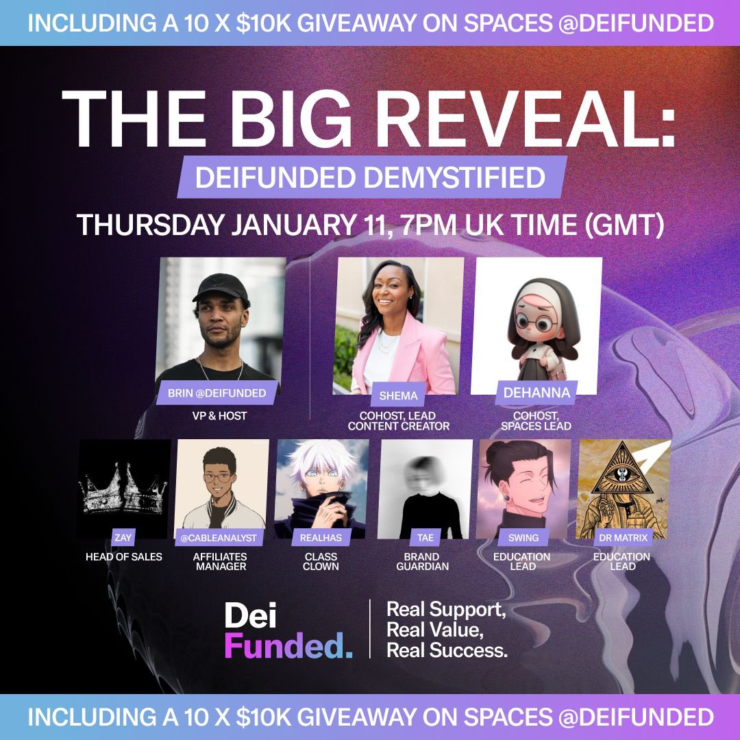 DeiFunded's tweet photo. @DeiFunded Presents |
THE BIG REVEAL:
DEIFunded Demystified

Host:
@moneybrinter

Co-Hosts:
@justshemababy x @dimpledhanna

Featured Speakers:
@Zay_trades_fx x @CableAnalyst x @hashere2 x @R0UGETRADER x @y3fqx x @sinceuh 

Date: Thursday, Jan 11, 2023 
Time: 7:00pm (GMT) 2pm (EST)

Reminder: 

https://t.co/J19734AdDI

See you there!! 🫡

#deifunded #propfirm #trading #spaces #forextrading #cryptotrading #trending #daytrading #swingtrading #tradingtips