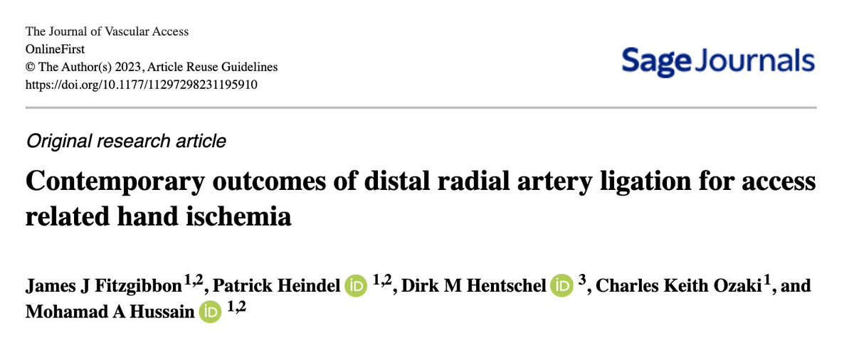 ma_hussainMD's tweet photo. Contemporary outcomes of distal radial artery ligation (#DRAL) for access related hand ischemia. Latest paper from #VESELab by @JJFitzgibbon @PatrickHeindel @BrighamVascular @BrighamSurgery @CSPH_BWH
https://t.co/P9RRrbFhNW https://t.co/hxRaOjc2Ab