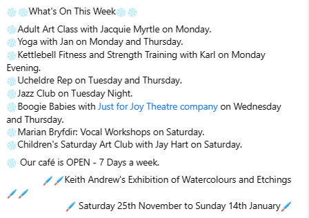 CanUcheldreCtr's tweet photo. #WhatsOnThisWeek #ArtClass #Yoga #Kettlebells #UcheldreRep #JazzClub #BoogieBabies #MarianBryfdir #VocalWorkshops #ChildrensArtClass #UcheldreCafe https://t.co/wyS83BJPnR
