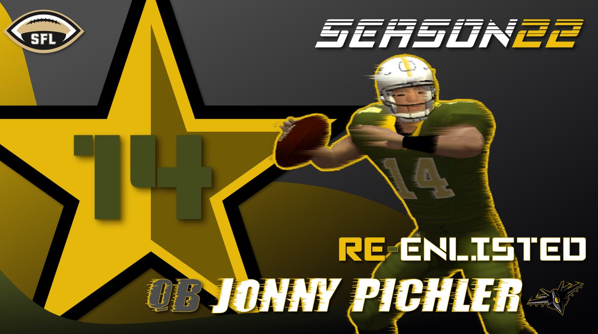Returning from one of the best statistical seasons of his storied career, NUMBER 14, QB Jonny Pichler returns for his second season to lead the offense in San Diego! <a href="/simulationfl/">Simulation Football League</a> #TURNANDBURN #BOMBSAWAY #BUZZTHETOWER #IWASINVERTED