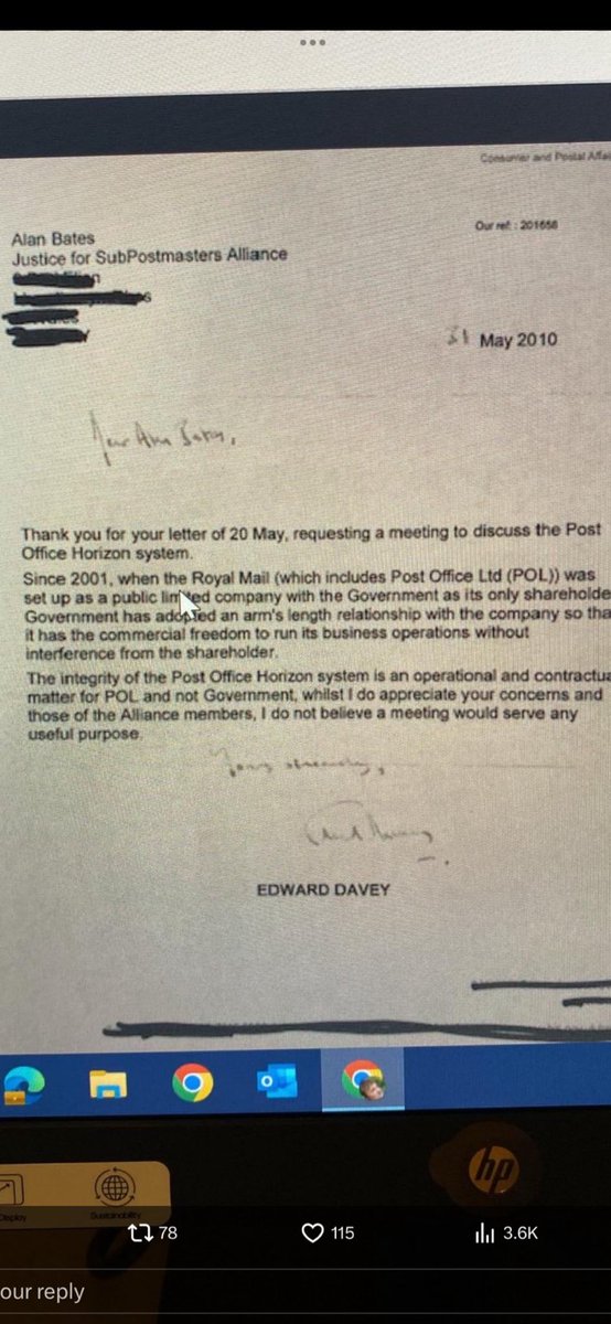 Indycyclist's tweet photo. @benarty Invited to look into the matter, Ed Davey just took the PO's word on this without due diligence. His reply to Alan Bates is below. https://t.co/X8LkT8HZtN