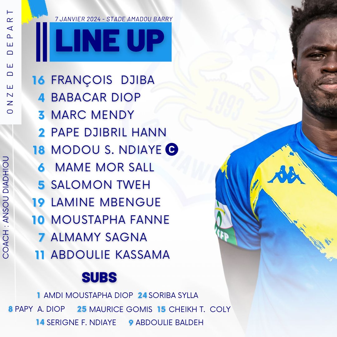 fc_guediawaye's tweet image. Onze de depart contre Diambars   #LIGUE1SN #FOOTLOCALSN #GFCDIA
#AllezLesCrabes ✌🏽💛💙