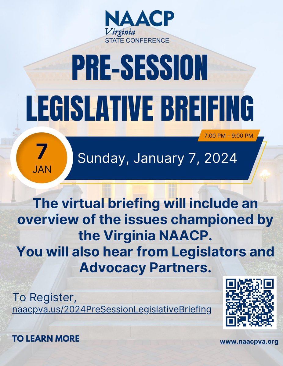 The Virginia NAACP will host the 2024 Pre-Session Legislative Briefing on Sunday, January 7th. To Register: naacpva.us/2024PreSession…