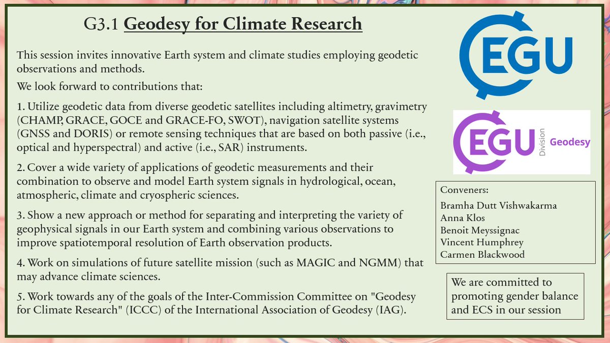 Hi everyone! <a href="/EuroGeosciences/">European Geosciences Union</a> abstract deadline is close. Do consider G3.1: Geodesy for climate research, to share your exciting research bridging Geodesy and climate. See attached figure for more info. Thanks. Pls share/RT. <a href="/ania_klos/">Anna Klos</a> @r_rietje <a href="/EGU_Geodesy/">EGU Geodesy</a> <a href="/annette_eicker/">Annette Eicker</a>
