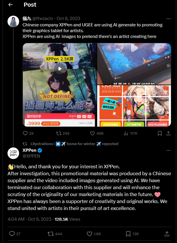 👏THAT'S👏HOW👏YOU👏HANDLE👏SHIT👏

Massive respect for XPPen. Admit they made a mistake. Commit to doing better. Support artists.

I hope other companies are taking note.