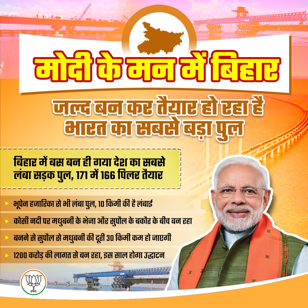 Manojshbjpbihar's tweet photo. मोदी के मन में रचा-बसा है बिहार..!

जल्द बनकर तैयार हो रहा है भारत का सबसे बड़ा पुल..!!

1200 करोड़ की लागत से बन रहा, इस साल होगा उद्घाटन..!!

#BJPDevelopingBihar 
#PragatiKaHighway 
#Modiji4Bihar https://t.co/nN51dHdH7H