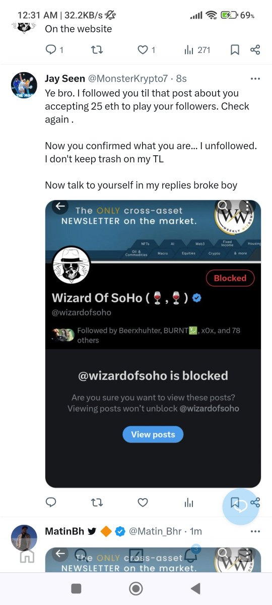 MonsterKrypto7's tweet photo. @wizardofsoho Ye bro. I followed you til that post about you accepting 25 eth to play your followers. Check again .

Now you confirmed what you are... I unfollowed. I don't keep trash on my TL

Now talk to yourself in my replies broke boy https://t.co/HrrlLRMUfT