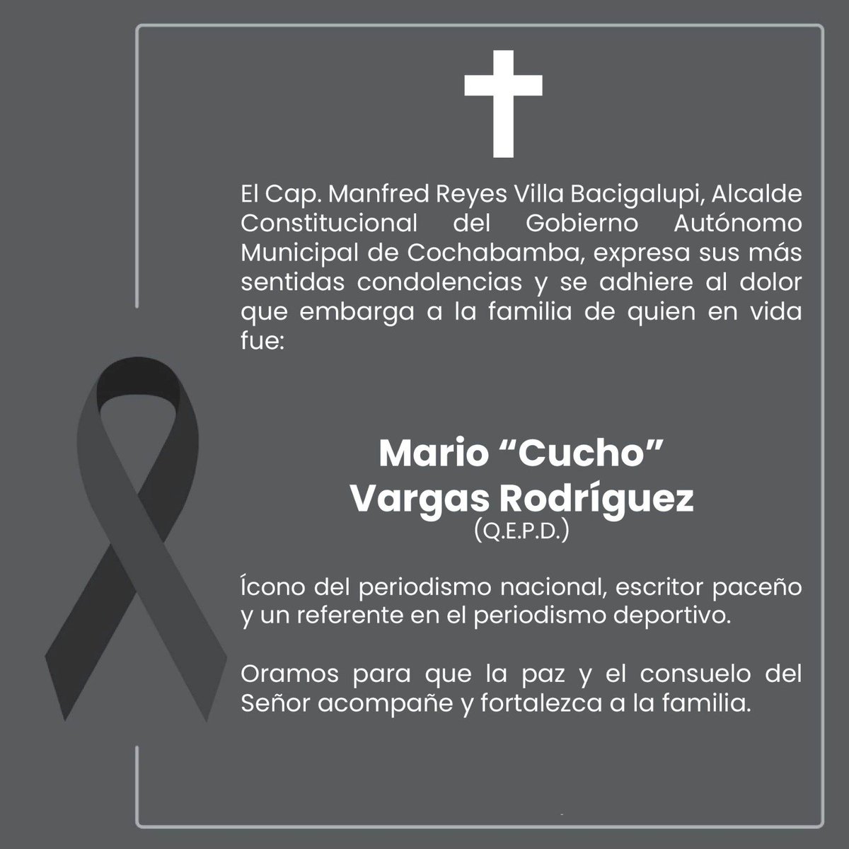Mis sentidas condolencias a la familia de don Mario "Cucho" Vargas, un gran periodista boliviano que dedicó su vida a las letras y al deporte, convirtiéndose en un referente del periodismo deportivo. Que Dios lo tenga en su Gloria.