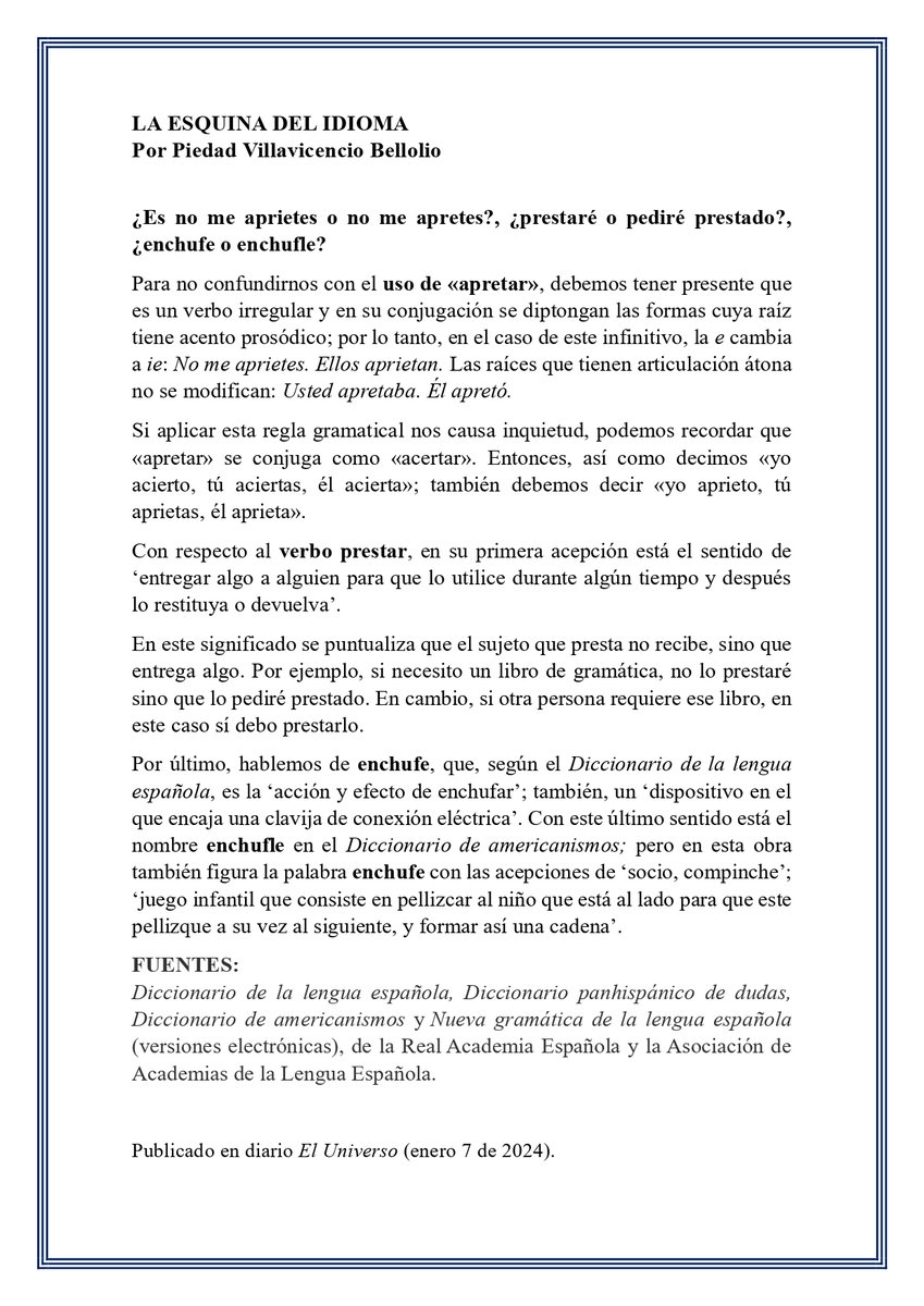 esquinadeidioma's tweet photo. Recomendaciones idiomáticas...

#apretar #prestar #enchufe #enchufle #lengua_española #gramática #La_esquina_del_idioma https://t.co/S0gopSb58n