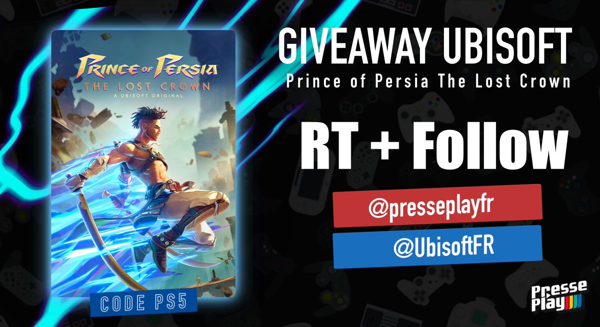 presseplayfr's tweet photo. 🎁 GIVEAWAY UBISOFT 🎁

À l'occasion de la sortie prochaine de Prince Of Persia The Lost Crown, on vous fait gagner un code PS5 du jeu.

Pour participer : 
- Follow  @presseplayfr et @UbisoftFR
- RT le post
- Tag une personne de ton choix
- Les bots seront bien évidement disqualifiés
- Concours réservé à la France uniquement
- Tirage au sort le 15 janvier 2024 à 15h, heure française

#Ubisoft #PrinceOfPersiaTheLostCrown #Giveaways #Concours