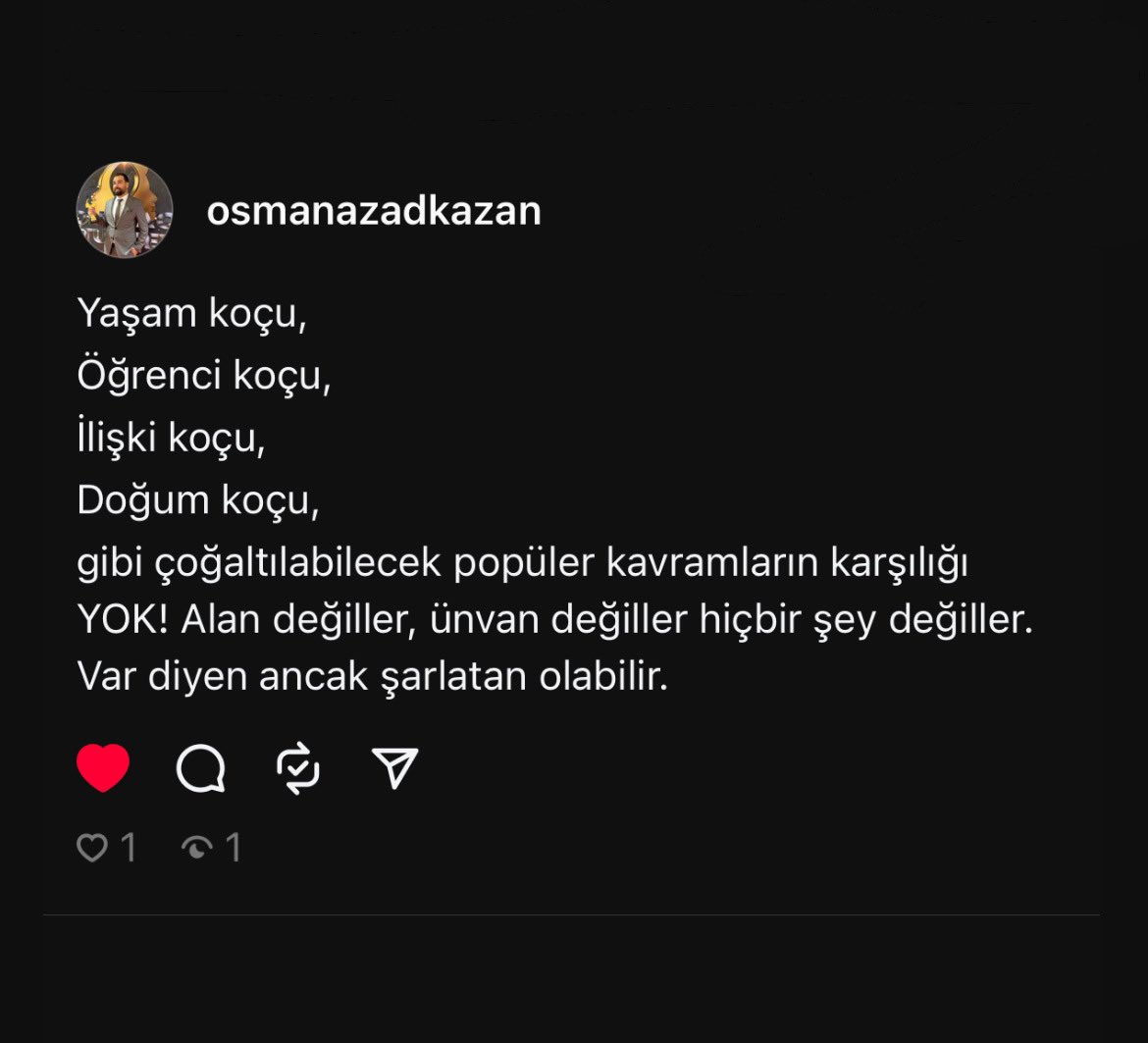 Yaşam koçu,
Öğrenci koçu,
İlişki koçu,
Doğum koçu,
gibi çoğaltılabilecek popüler kavramların karşılığı YOK! Alan değiller, ünvan değiller hiçbir şey değiller. Var diyen ancak şarlatan olabilir.

#yaşamkoçuşarlatanlığı